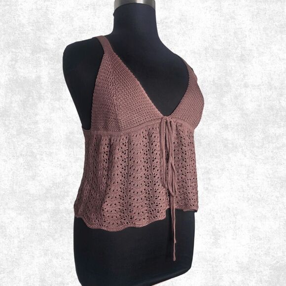 Plus Size 2XL Brown Crochet Tank Top – Boho Festival Knit Cami with Tie Front - Picture 4 of 8